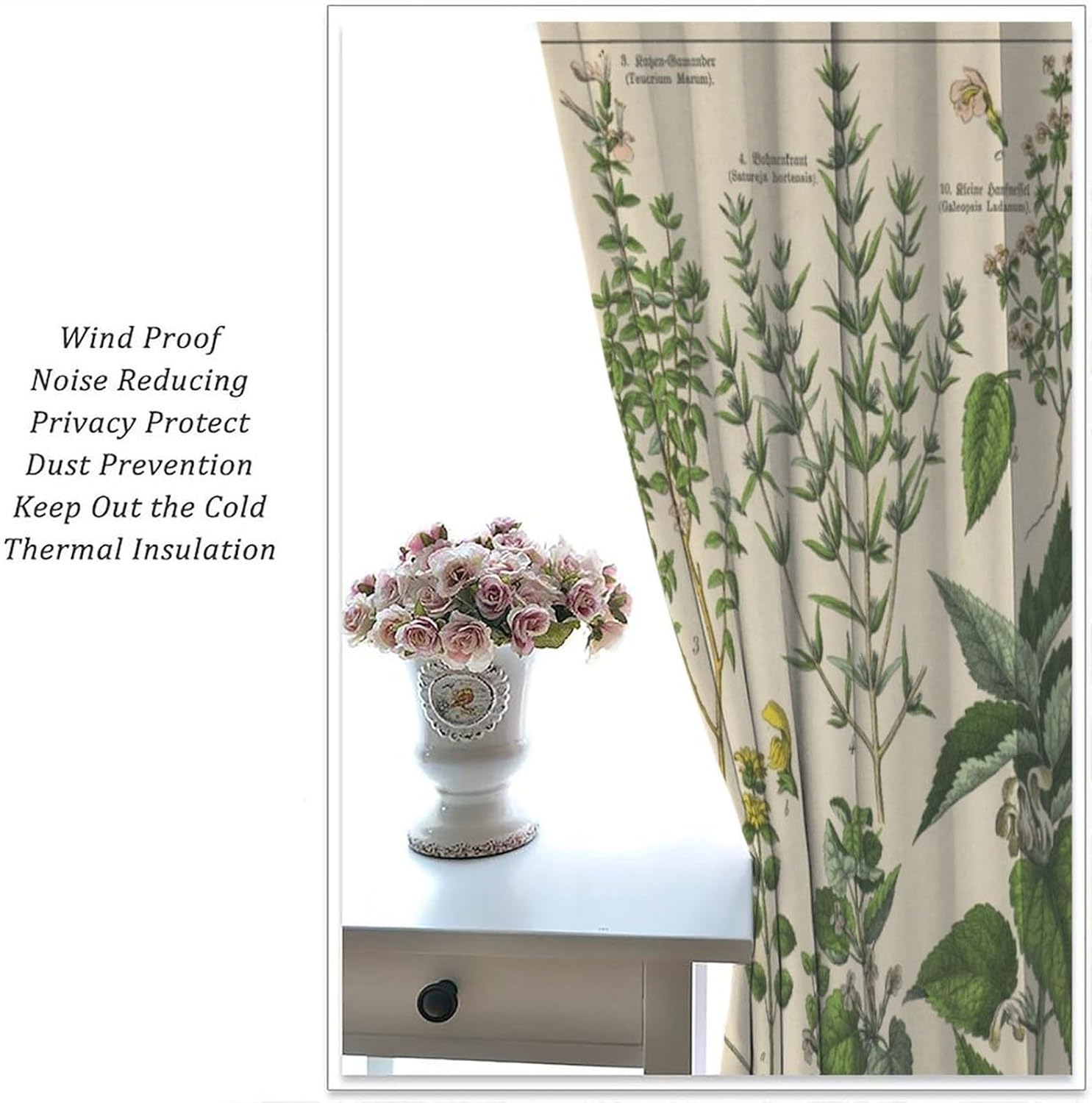 Vintage Botanical Curtains, Antique 1900s Plants Herbs Boho Retro Green Leaves Blackout Window Treatments, Rod Pocket Thermal Insulated Drapes 2 Panels Set for Bedroom Living Room, 42"W X 54"L