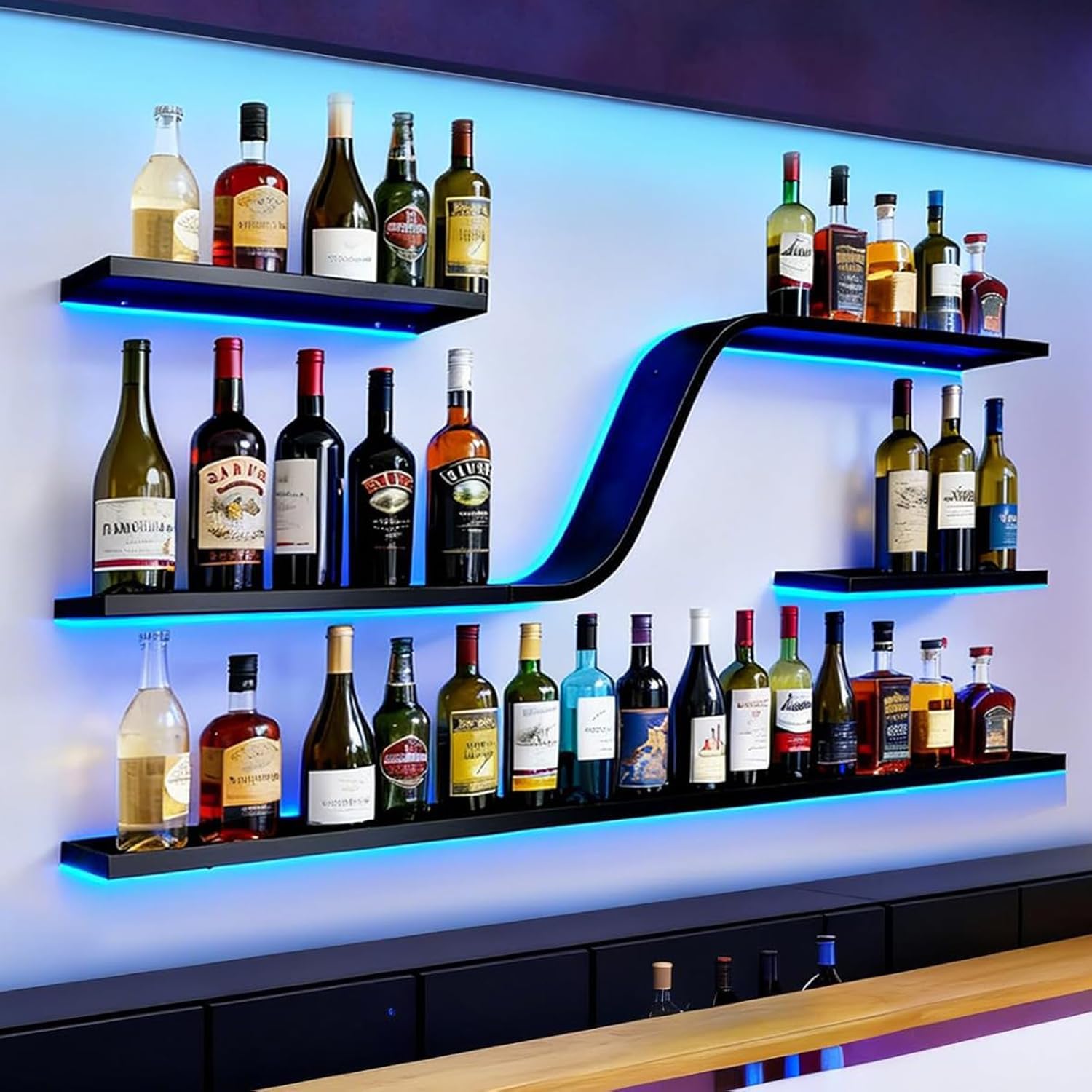 Modern Wall Mounted Wine Rack with Blue LED Light, 3-tiers Metal Curved Bar liquor Bottles Display Shelf, Large Floating Bar Shelves Storage for Home bars, kitchens Coffee Shop (Black, 47in)
