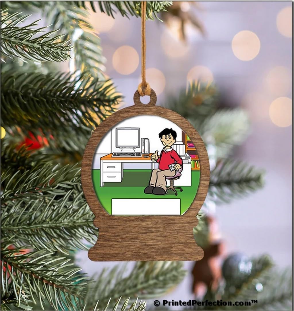 PrintedPerfection.com Personalized Computer Lover - Male Wooden Snow Globe Shaped Christmas Ornament