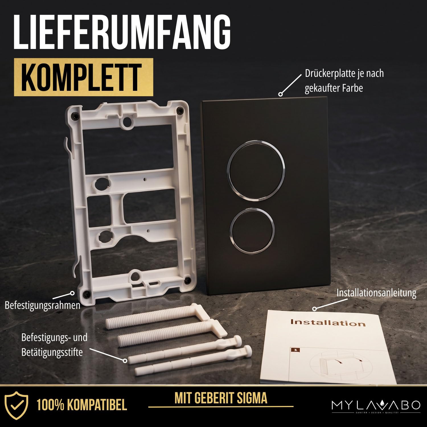 Drücker- & Betätigungsplatte passend für Geberit Sigma (Kunststoff, schwarz, schwarze Ringe) | sw-sw-sigma