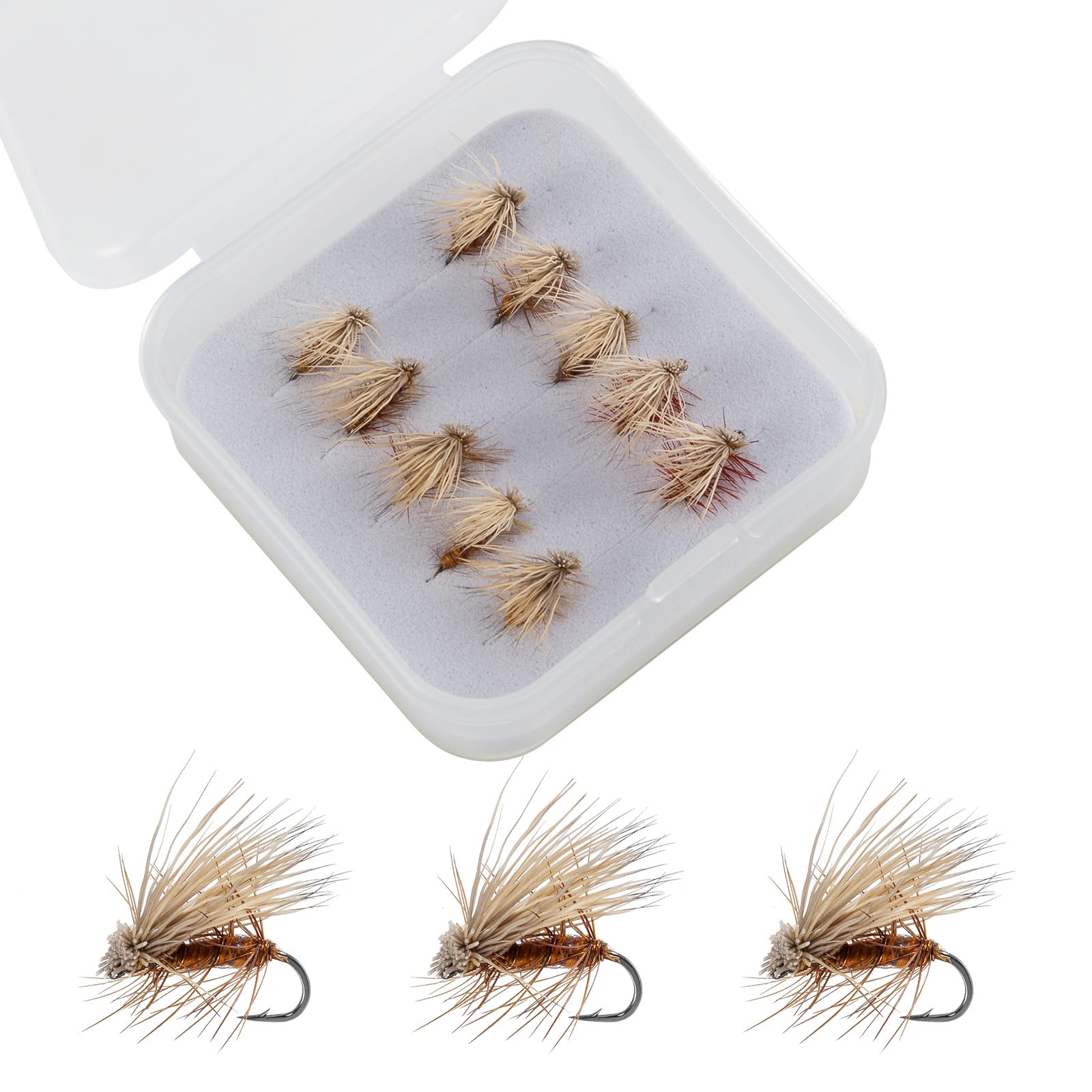 Alwonder Elk Hair Caddis Fly Kit, 10-Pack Caddisflies Dry Trout Flies Fly Fishing Lures Assortment with Storage Box, Size 16/18 Caddis Flies for Trout Fishing