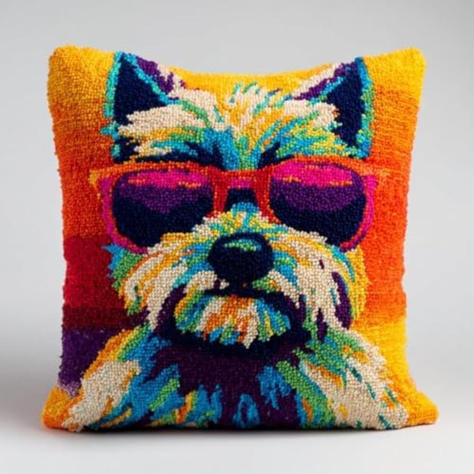 kitphoenix Cairn Terrier Dog Wear Sunglasses Cushion Cover Latch Hook Kit for Adults,DIY Craft Kit with Pre-Printed Canvas,Yarn and Hook,43x43 cm Handmade Home Décor