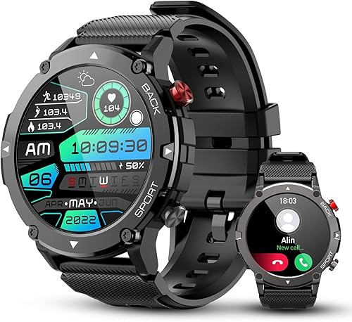 PUREROYI Relojes inteligentes militares para hombre, llamada Bluetooth (respuestahacer llamada) 5ATM impermeable reloj inteligente para hombre 1.43