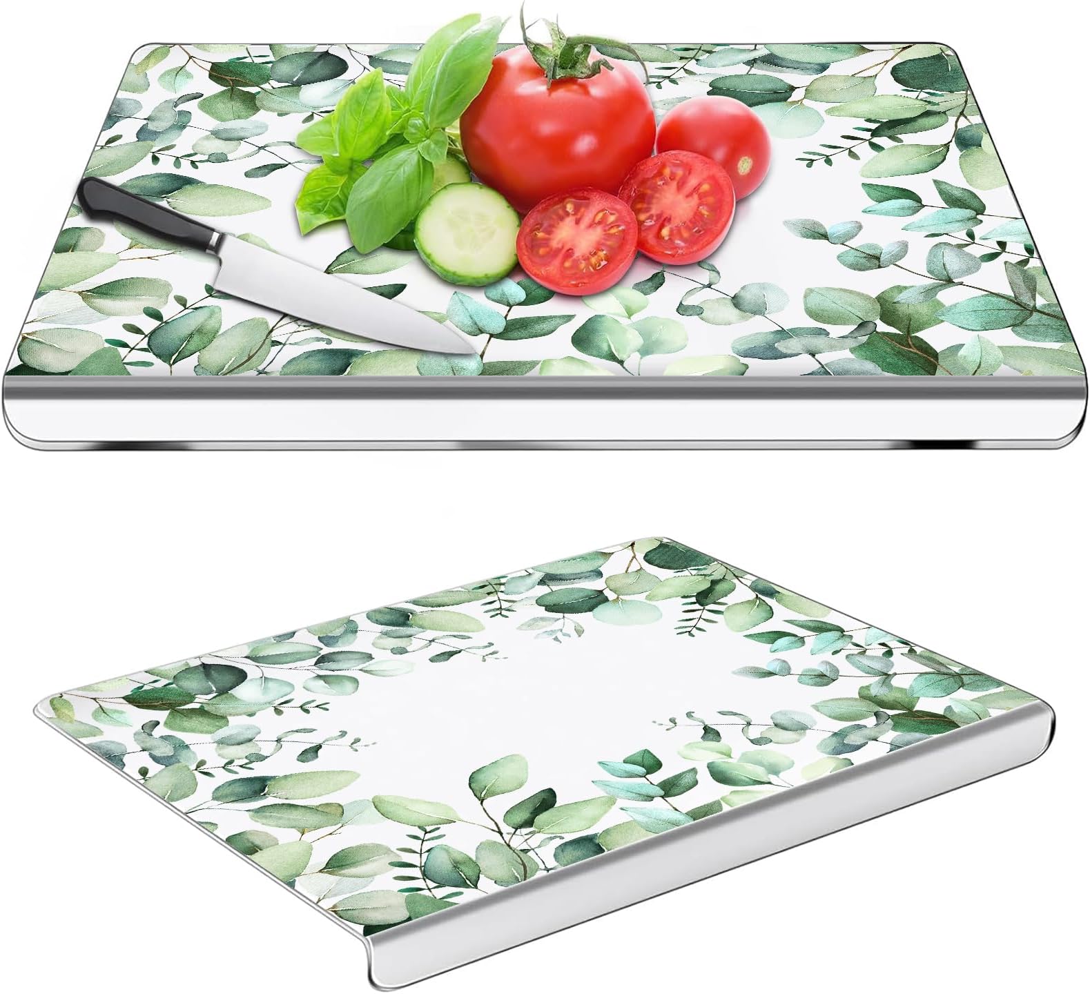 AQQA Acrylic Cutting Board with Counter Lip,Green Leaves Pattern Clear Cutting Board,18 x 14 inches Non-Slip Cutting Board for Kitchen Countertop Protection,Great Kitchen Essential Gadgets & Decor
