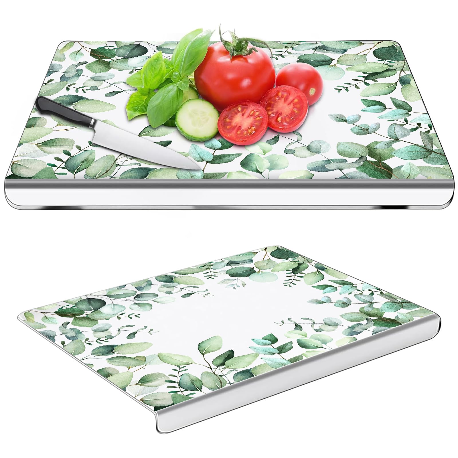 AQQA Acrylic Cutting Board with Counter Lip,Green Leaves Pattern Clear Cutting Board,18 x 14 inches Non-Slip Cutting Board for Kitchen Countertop Protection,Great Kitchen Essential Gadgets & Decor