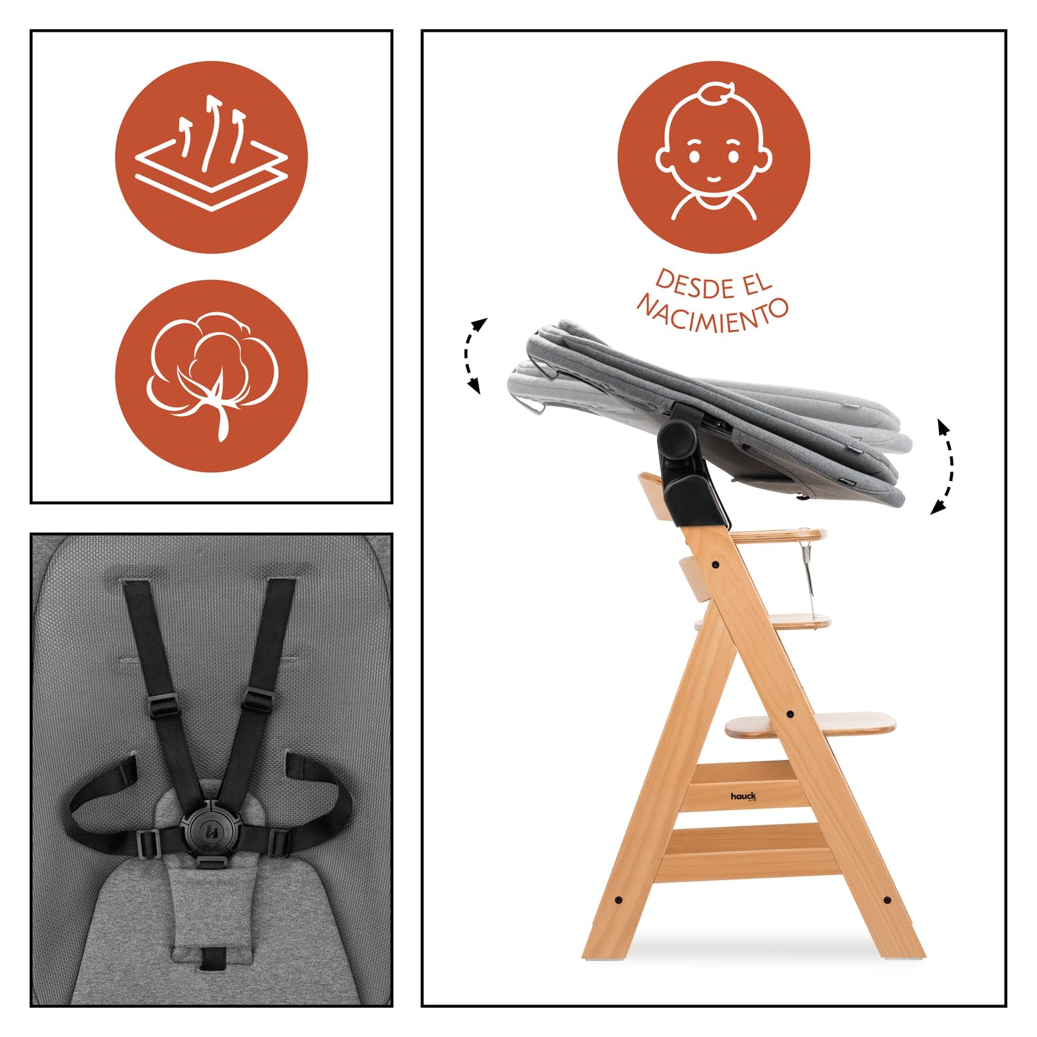 hauck Alpha Start N Grow Set Trona de Bebé de Madera, Natural Dark Grey | Desde el nacimiento hasta 90 kg, incluye hamaca 3 en 1 con funda de muselina, reductor, cojín y bandeja