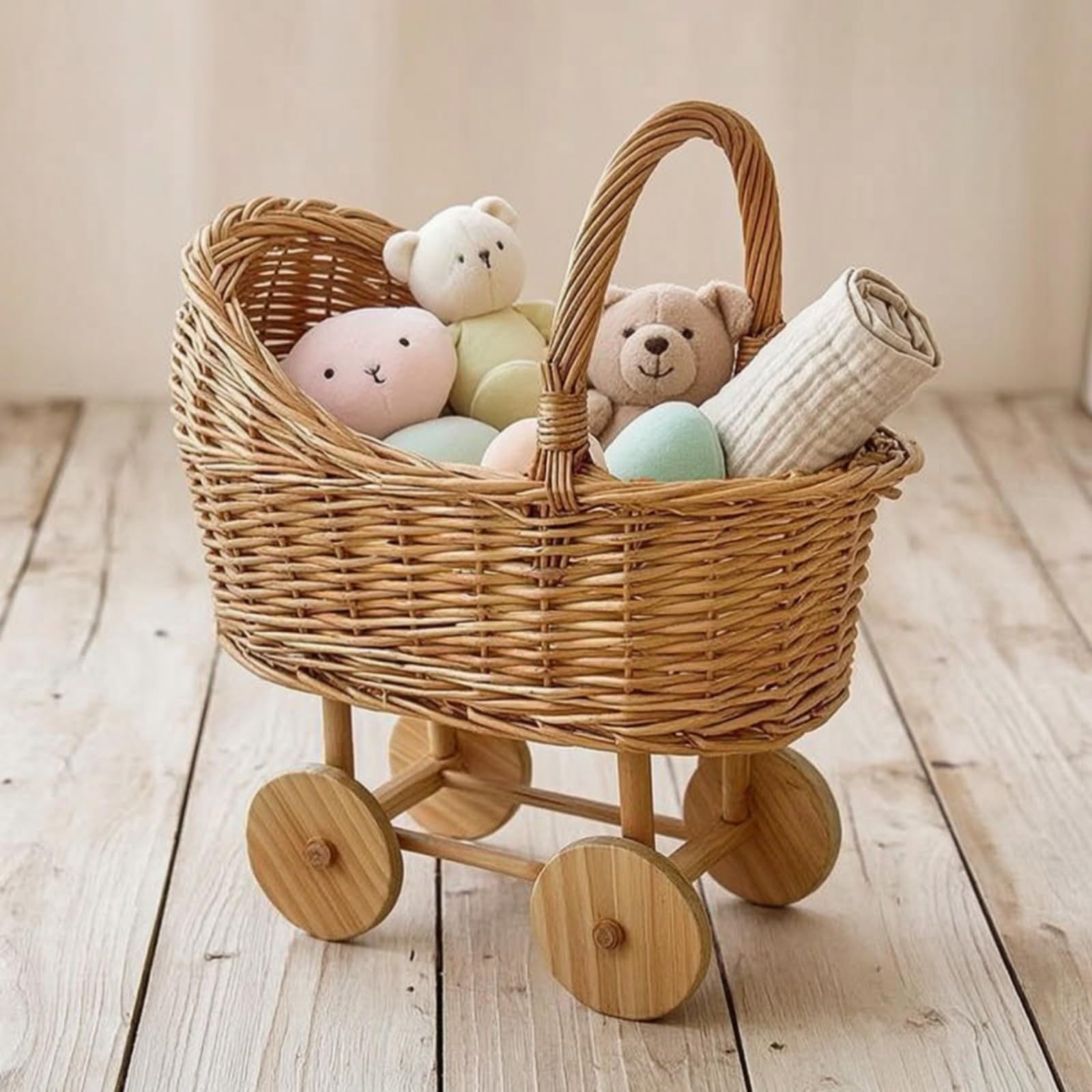 Infant Basket Cart Carrello Cestino Carrozzina con Manico Curvo Ruote Rotonde E Look per Neonati E Adatto a Cameretta Servizi Fotografici Decorazione Domestica, Grande