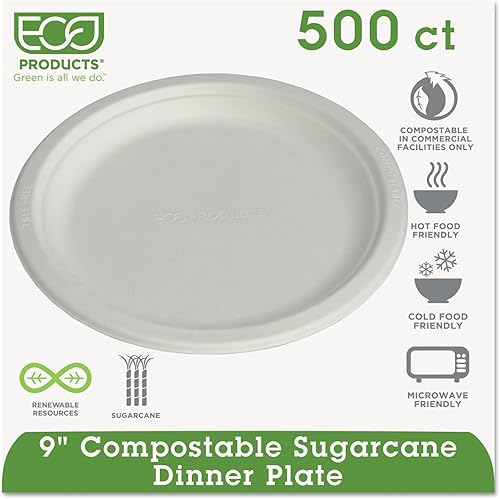 Platos de caña de azúcar renovables y compostables, 9 ", 500/cartón