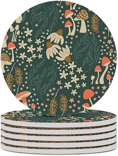 Miniatura 15 de Posavasos botánicos, posavasos redondos de cerámica redondos, 4 unidades, diseño de plantas vintage, diseño botánico de dibujos animados, hongos