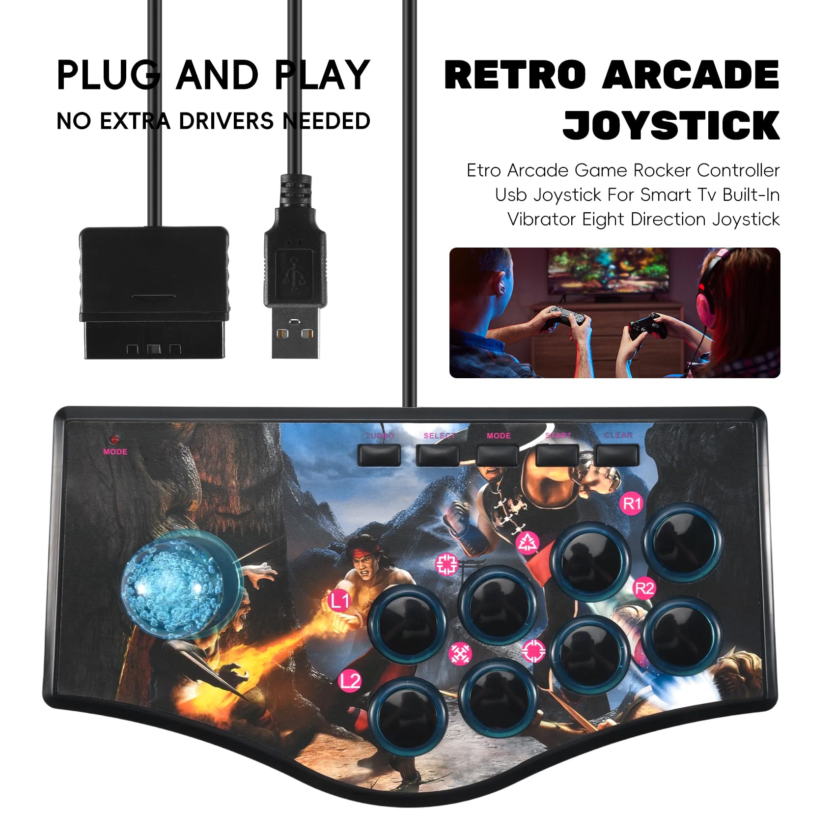 Nettoppo Rétro Joystick Usb de Manette de de Contrôleur de Bascule D' pour Ps2 / / Pc/Android Smart Tv Vibrateur Intégré Huit Direction Joystick ()