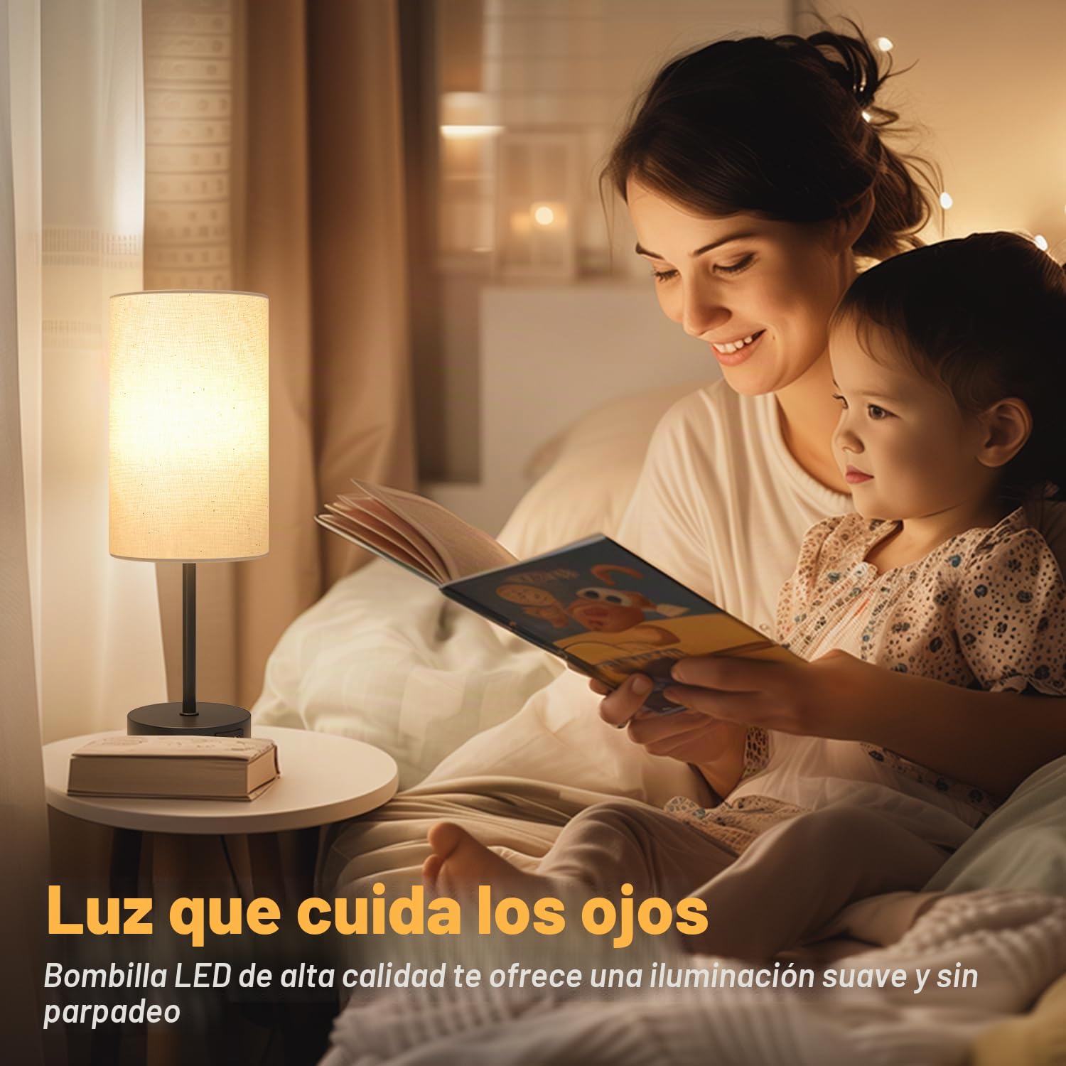 Lamparas de Mesita de Noche Tactil Regulable, Lampara de Mesa con Puertos de Carga USB A+C, Pantalla Lamparas de Lino, Lamparas Pequeña para Dormitorio, Sala de Estar, Habitación de Bebé