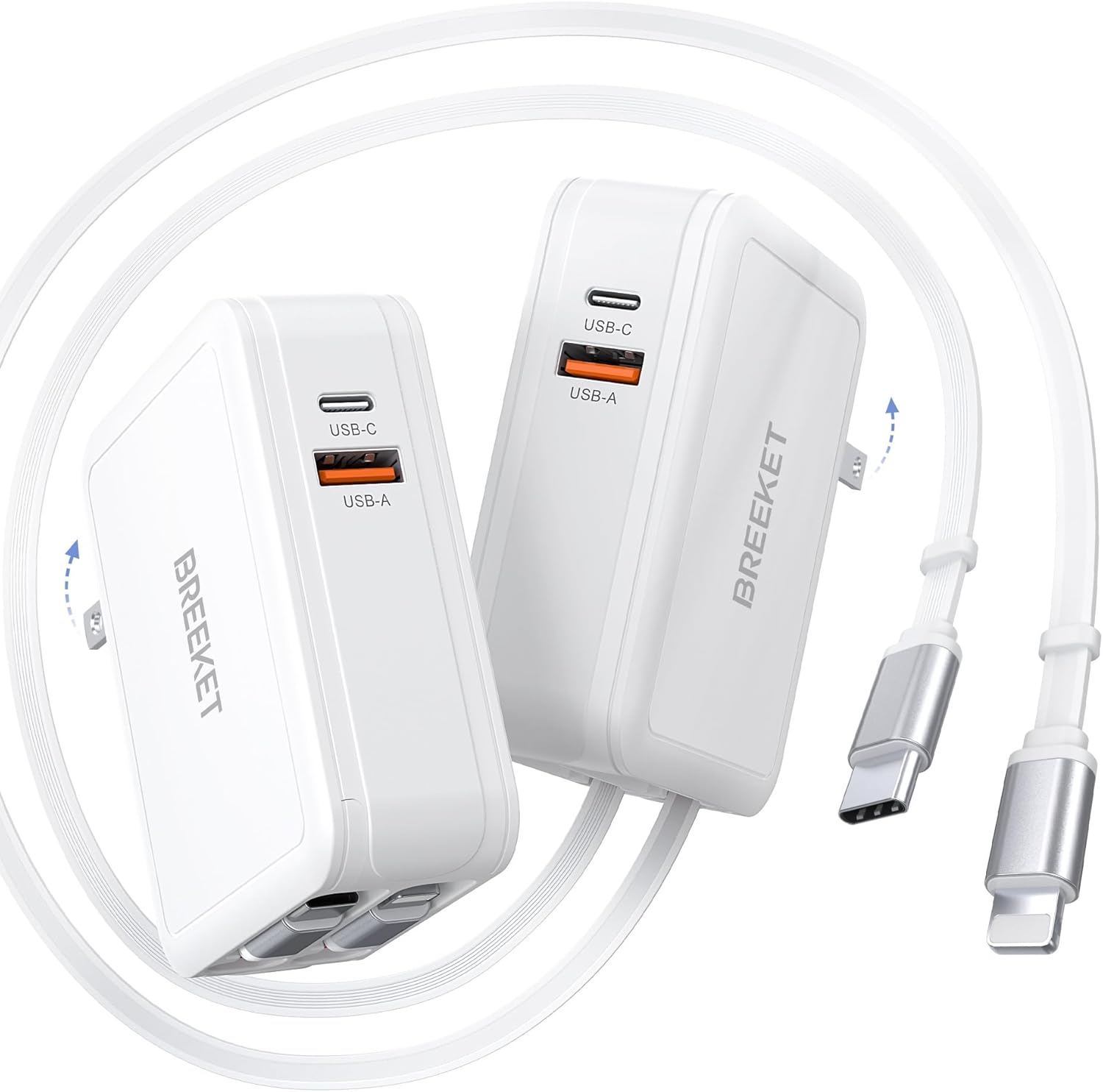 [𝐍𝐄𝐖] 65W Retractable Wall Charger, 4-in-1 Foldable Phone Charger with Dual USB Ports & 31.5in Cables, USB Type C Fast Charging Block Travel Essentials for MacBook iPhone iPad Galaxy, 1Pack