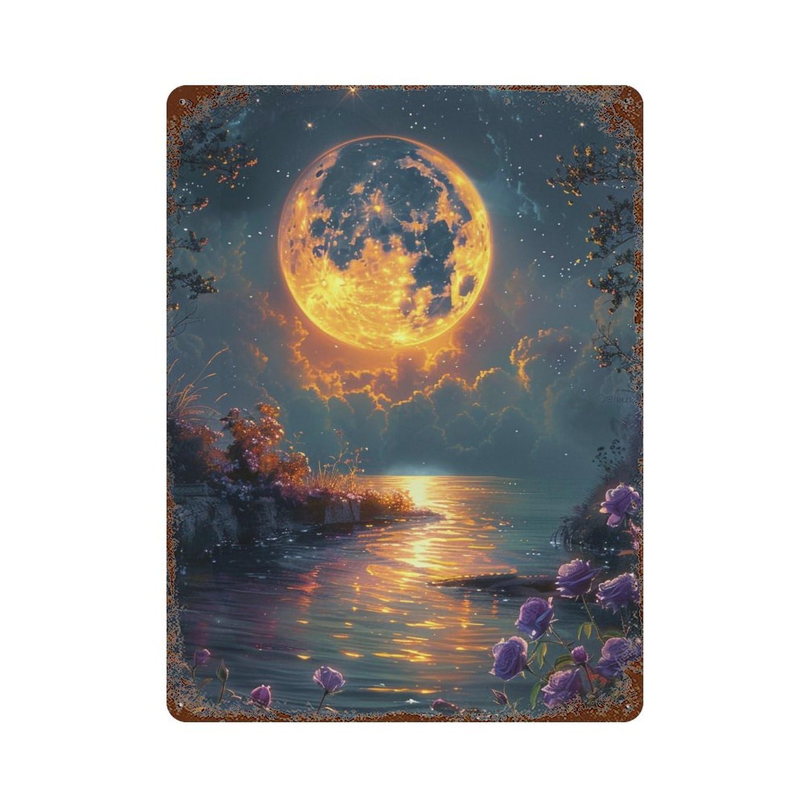 Decorative Tin Sign with Moonlit River Reflections Design 15.7"x11.8", for Farmhouse, Kitchen And Entryway Decor, Decorative Metal Wall Art