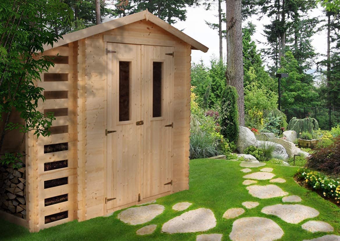 TIMBELA Drewniany domek ogrodowy z szopą na drewno opałowe M386C – szopa ogrodowa z drewna szer. 272 x dł. 206 x wys. 218 cm/3,53 + 0,97 m2 szopa do przechowywania, szopa na rower – wodoodporny dach
