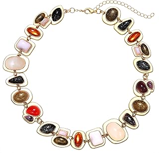 Gold Gemstone Charm Choker Necklace for Women Colorful Vintage Resin Gem...