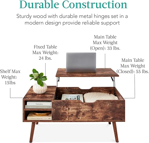 Miniatura 7 de Best Choice Products Mesa auxiliar elevable, mesa de centro multifuncional de madera de mediados de siglo para sala de estar con almacenamiento