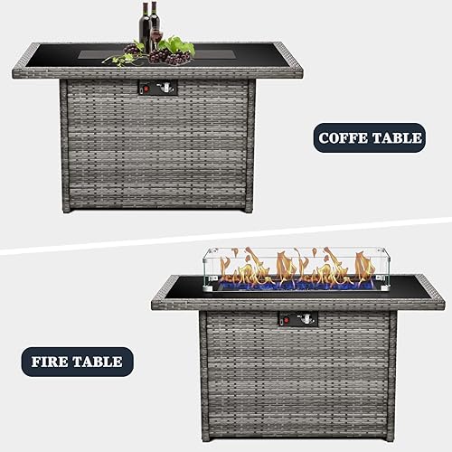 Miniatura 6 de KHOLH Mesa de fogata de gas propano de 44 pulgadas para patio exterior, 60000 BTU rectangular de mimbre al aire libre con protector de viento de