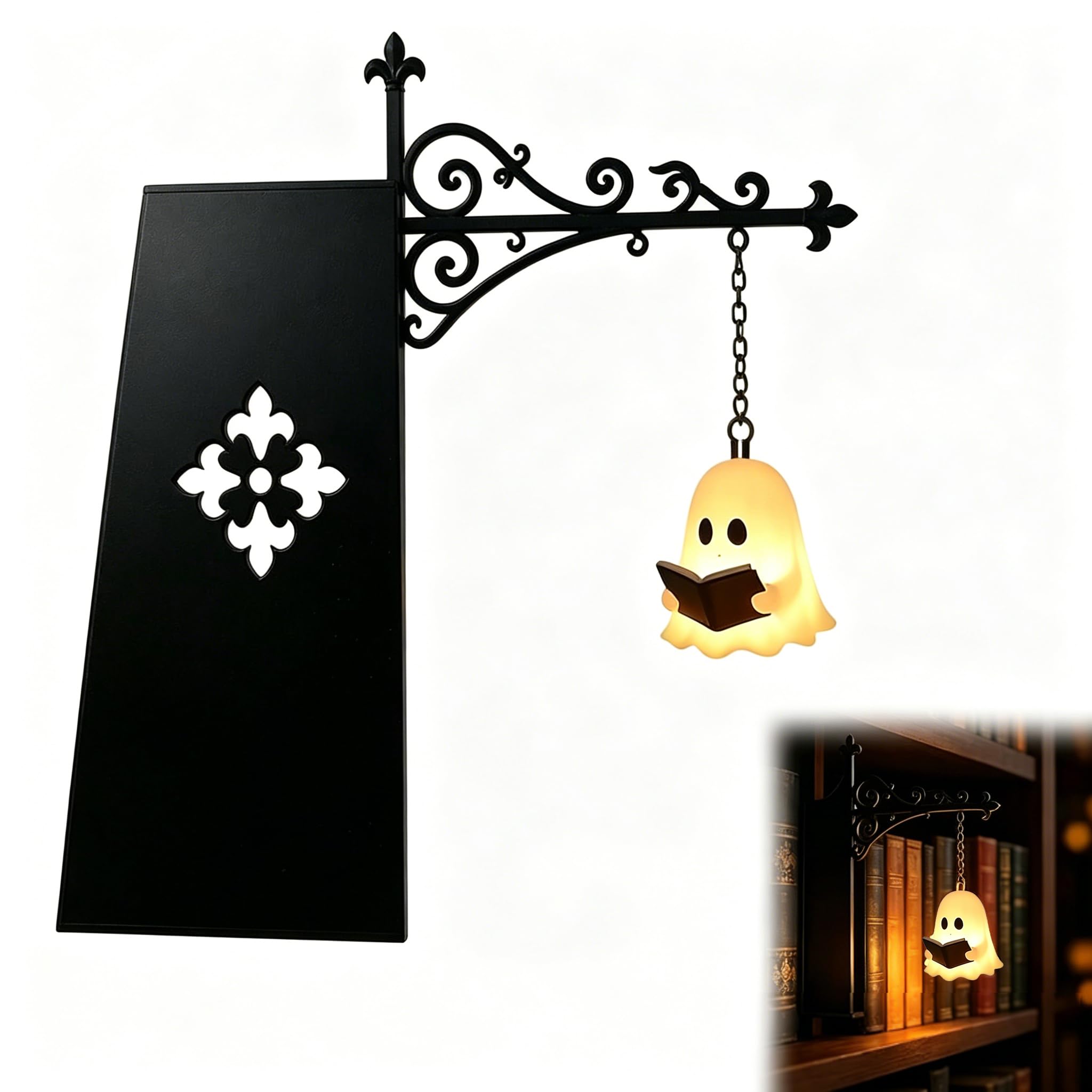 Library Lantern-Decorative Bookshelf Lighting, Reading Nook LED Nightlight, Metal Bookcase Lamps, Vintage Table Desk Luminaires, Studious Home Room Ornament (Ghost)