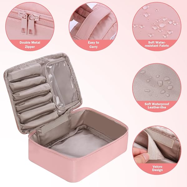 Travel Makeup Bag [with Brushes Holder & Detachable Pouch] Cosmetic Bag Large Capacity Waterproof Makeup Case Storage Organiser for Women & Girls (Pink) - 5