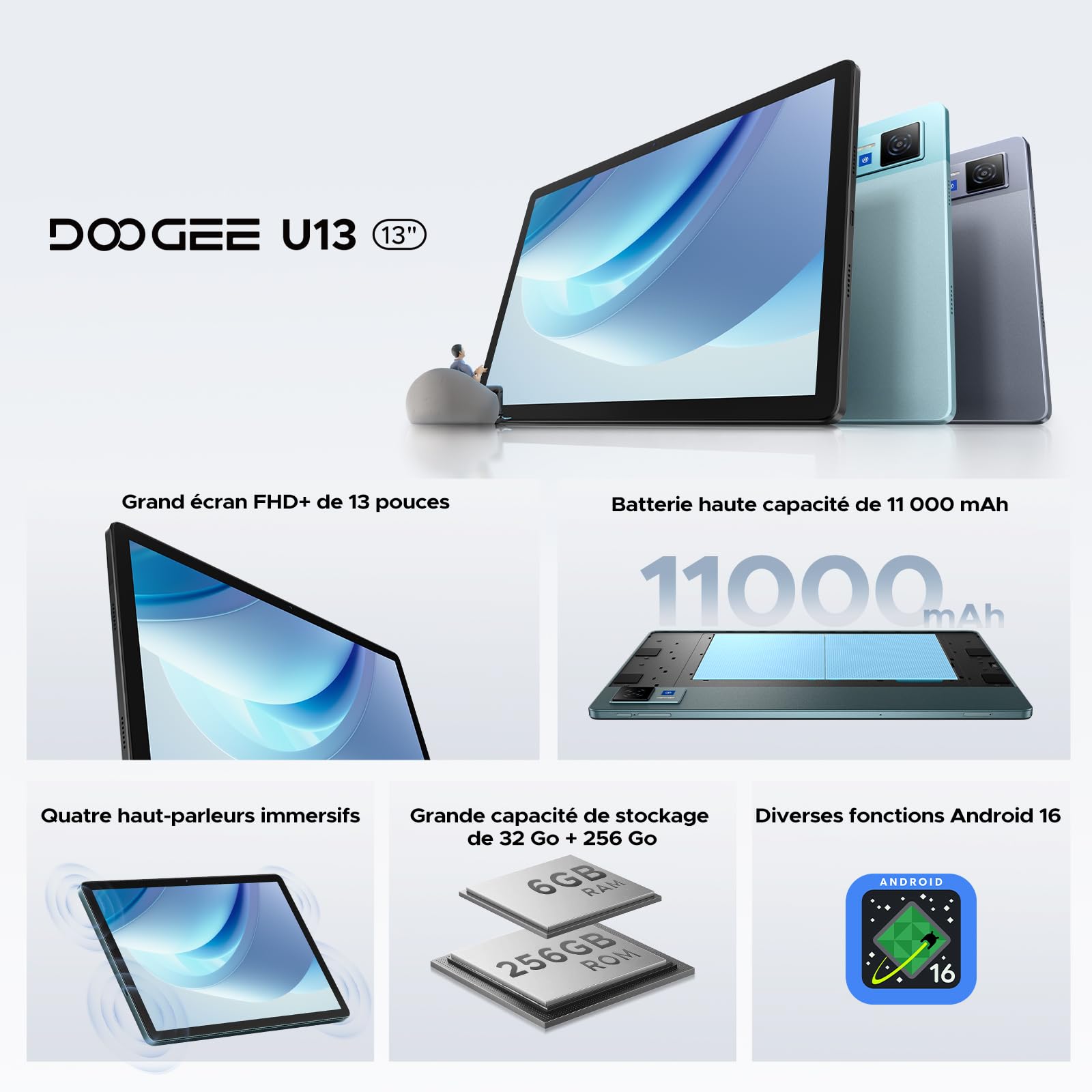 U13 Tablette 13 Pouces, Tablette Android 16 Écran FHD+ 90Hz,32Go RAM + 256Go ROM (Ex to 2To), Unisoc T7280, 11000mAh Batterie, 18W Charge Rapide, WiFi 5, Widevine L1,GPS,Face ID/3.5mm