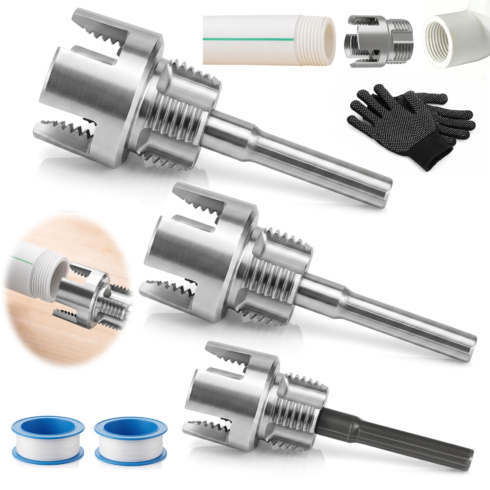 Integrated Internal & External Pipe Threading Tool | PVC Pipe Threader Kit for Electric Drill | Thread Cutting Tool for 1/2" 3/4" 1" PVC Plastic Pipe with Gloves & 2 PTFE Tapes