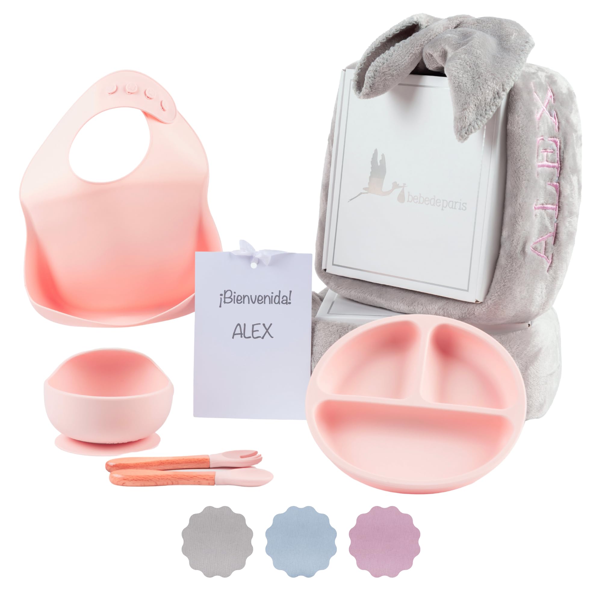 Bestickte Decke mit Namen und Geschirr aus Silikon, umweltfreundliches Geschenk für Babys, Geschenkset für Jungen und Mädchen (Geschirr + Decke, Rosa) | BebeDeParis