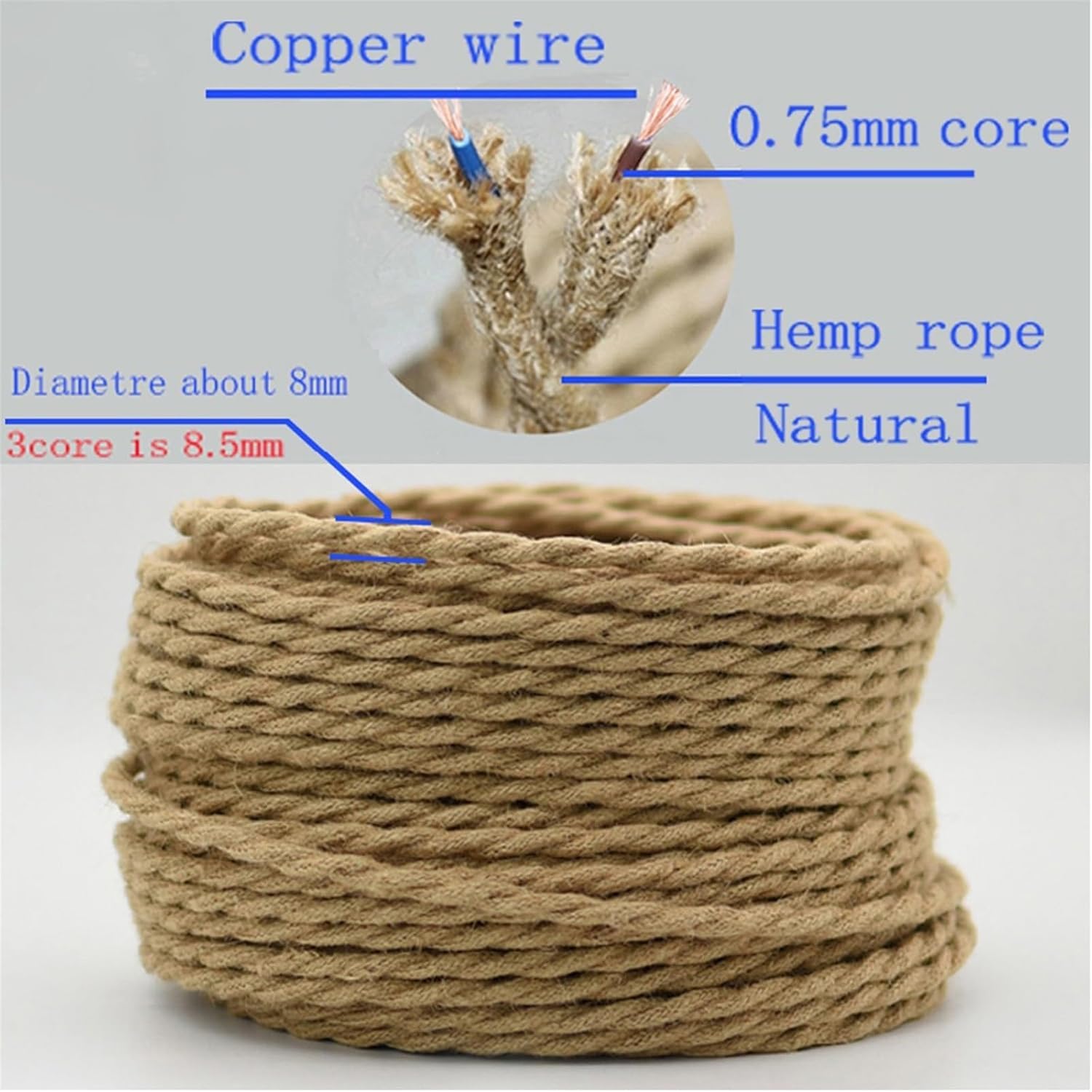 Cables flexibles, cobre trenzado de cuerda de cáñamo de alambre eléctrico | Cable de luz colgante retro de 2 núcleos o 3 2-100 m 300 V 19 AWG(2 Core,30meter)