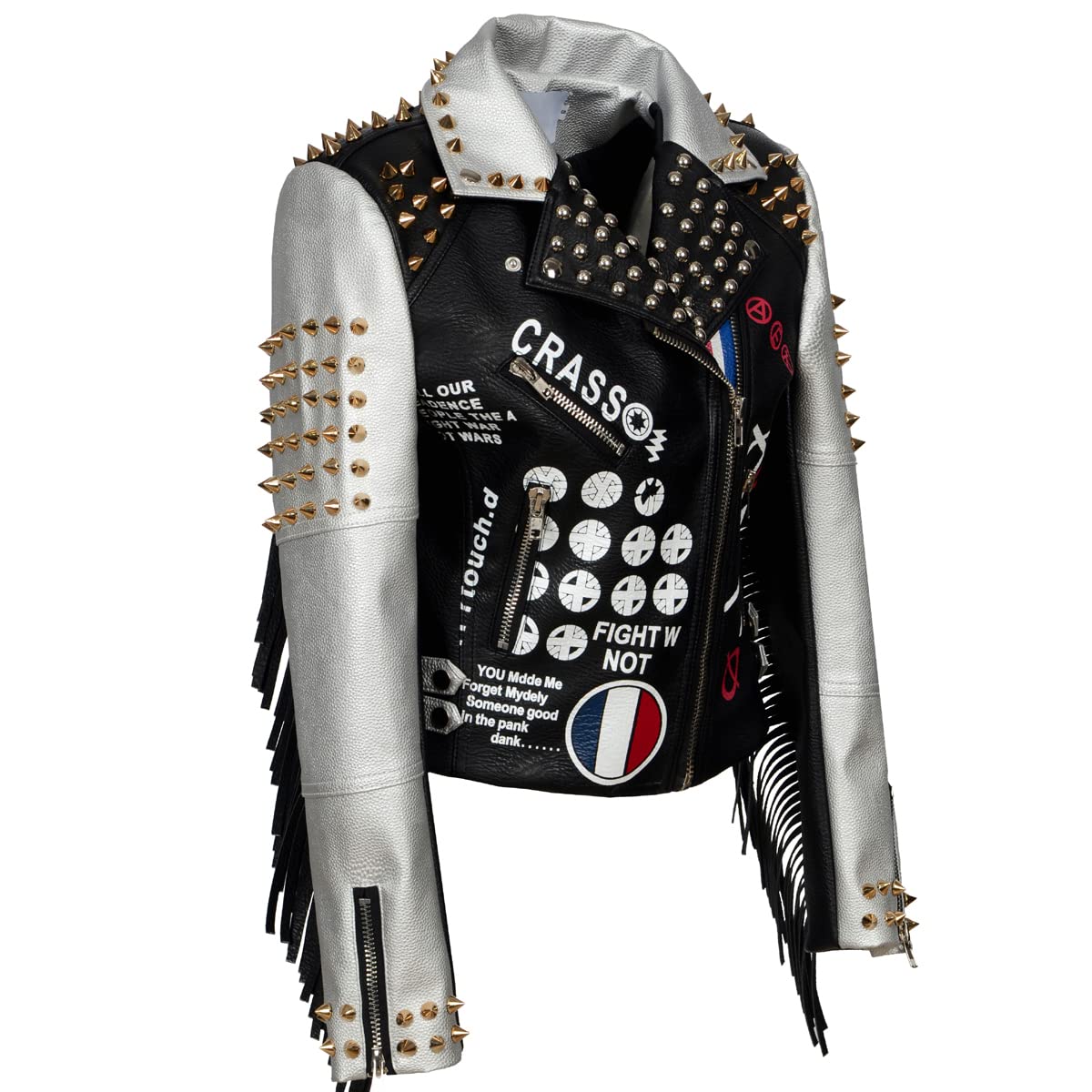 Women Personality Tassel Rivets Faux Leather Short Biker Leather Jacket Black Streetwear Coat