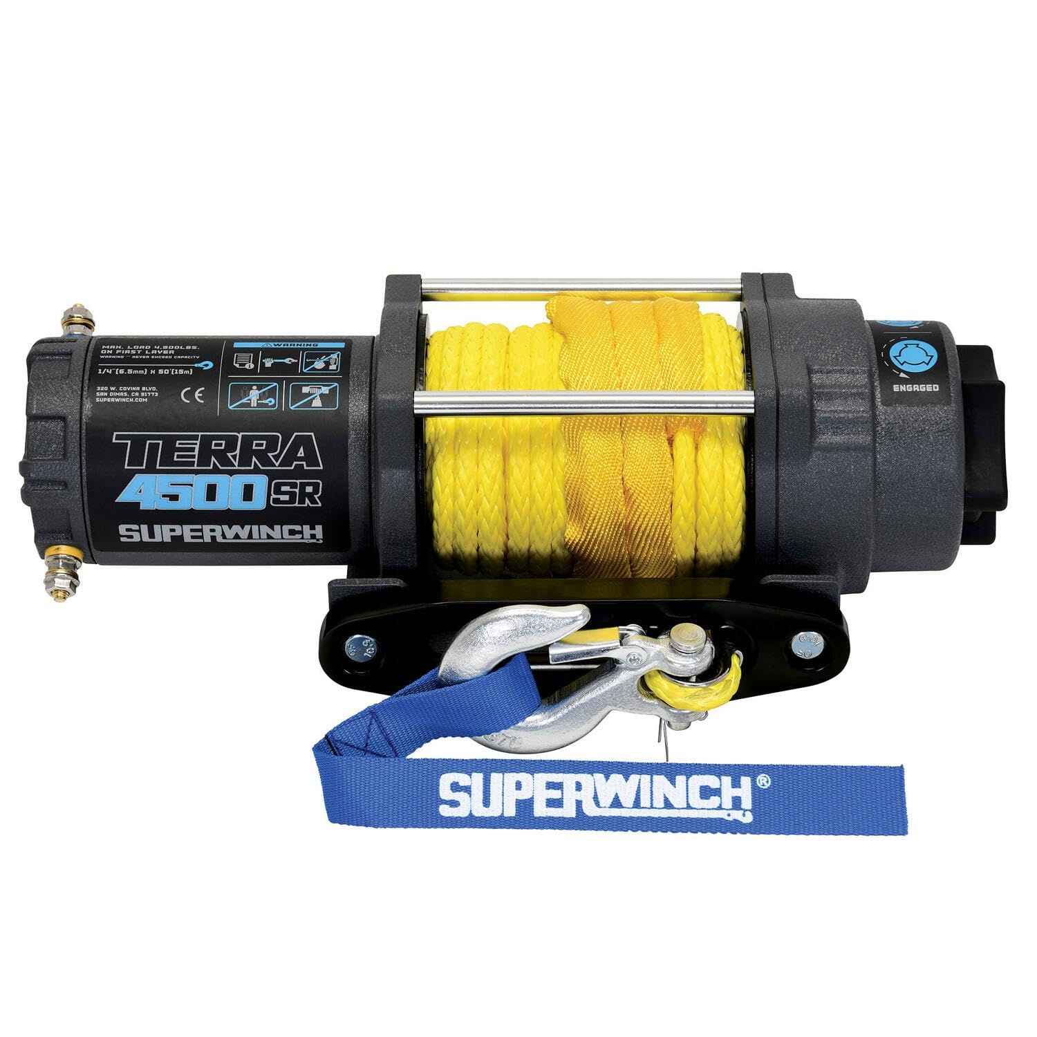 Superwinch1145270 Terra 4500SR Powersports Winch 12V DC 4500lb(2041.2kg) Single Line Pull UTV/ATV with Hawse Fairlead 1/4in. X 50ft. Synthetic Rope Handheld Remote Handlebar Switch
