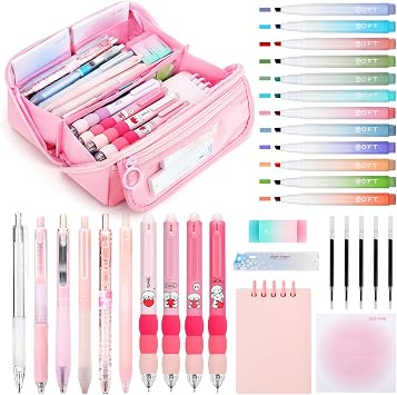OPPZZIT Pencil Case with Stationery Included, 32 Pcs School Stationery Set with 12 Highlighters, 1 Mechanical Pencil, 5 Gel Pens & 4 Erasable Pens, Filled Large Capacity Pencil Case for Girls, Pink