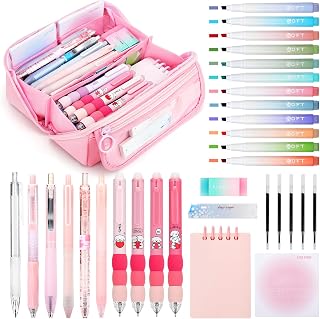 OPPZZIT Pencil Case with Stationery Included, 32 Pcs School Stationery Set with 12 Highlighters, 1 Mechanical Pencil, 5 Gel Pens & 4 Erasable Pens, Filled Large Capacity Pencil Case for Girls, Pink