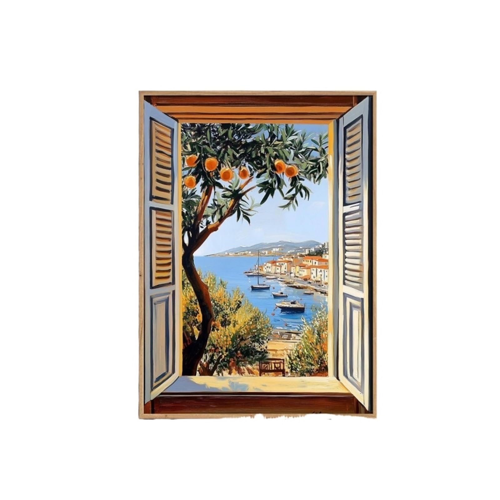 Graiting 1pc Open Window Print Style Fauvism Painting Exhibition Mediterranean Sea Orange Tree Coastal View Boats(DA166,40x60cm Unframe)