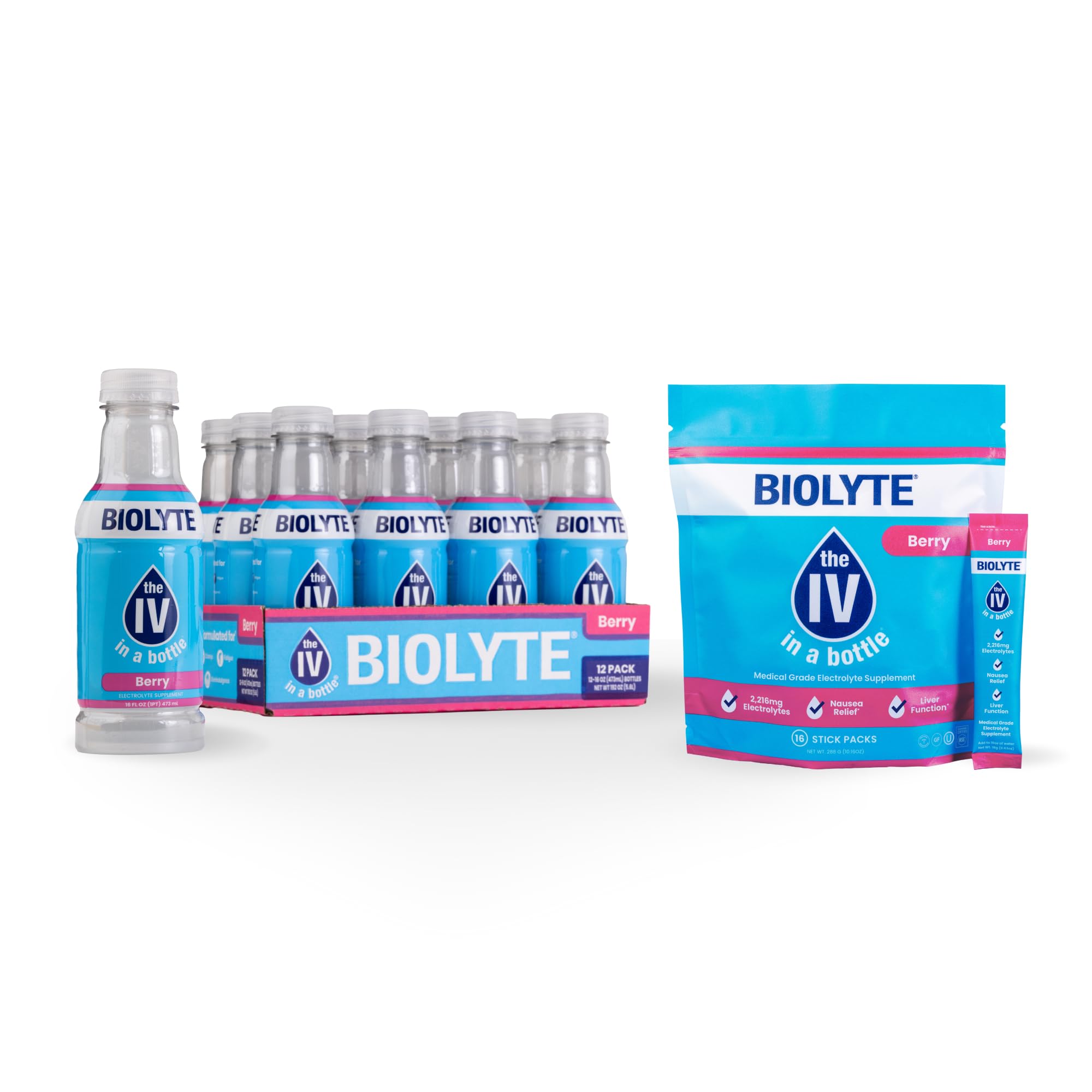 BIOLYTE Electrolyte Drink & IV Hydration Drink Mix - Doctor-Formulated FSA & HSA Electrolytes Liquid, Rehydration Powder Packets, Chemotherapy Must Haves for Women & Men - Berry, 12 Bottles, 16 Sticks