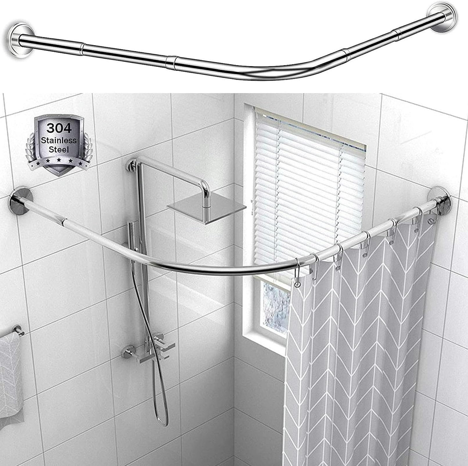 Barre de douche incurvée en L en acier inoxydable pour espace privé chic