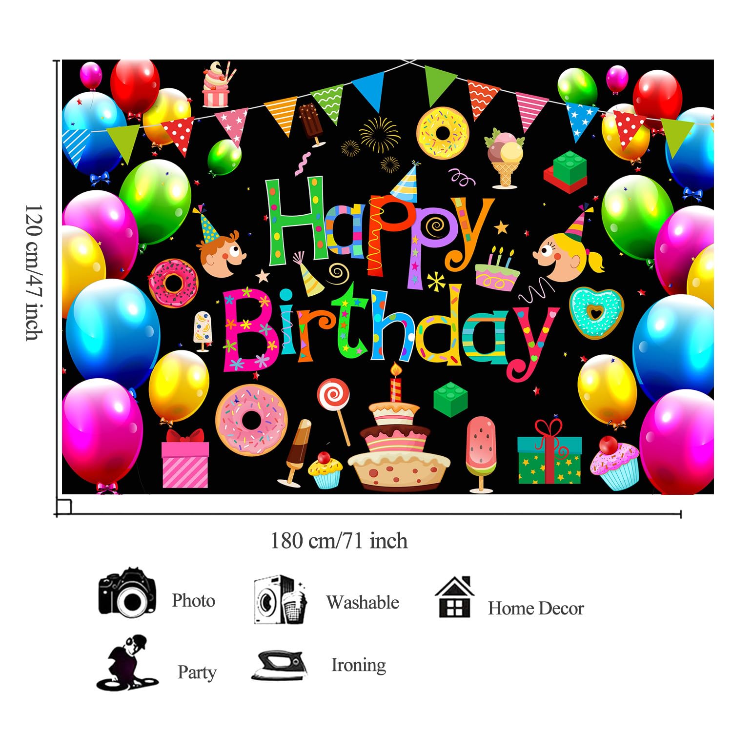 YinQin 180x120 cm Black Colorful Happy Birthday Backdrops Cloth 71x47 inch Bday Photography Backgrounds Colorful Balloons Happy Birthday Sign Banner Decorations for Kids Children