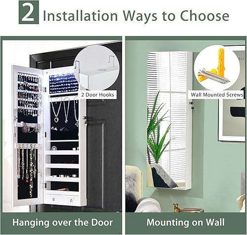 Miniatura 5 de CHARMAID Armario de joyería de 6 luces LED montado en la paredpuerta organizador de joyas con cerradura con espejo de longitud completa 2 cajones