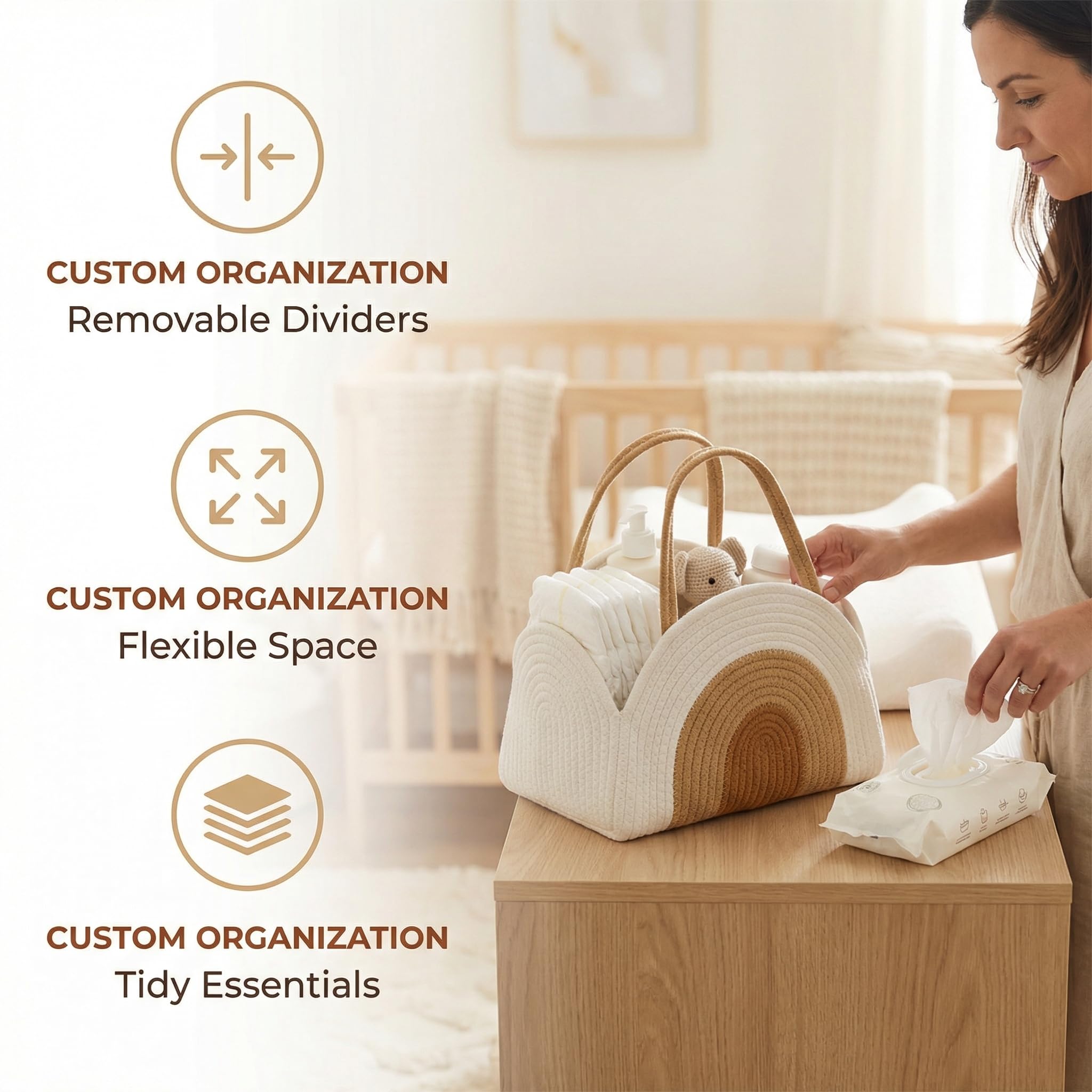 Organisateur de Couches Bébé, Panier Rangement Bébé Rangement Lange Bebe avec Compartiments et Poignées Portable Rangemente Couches Bebe Cadeau pour Naissance-né（31.5 x 21 x 20CM）