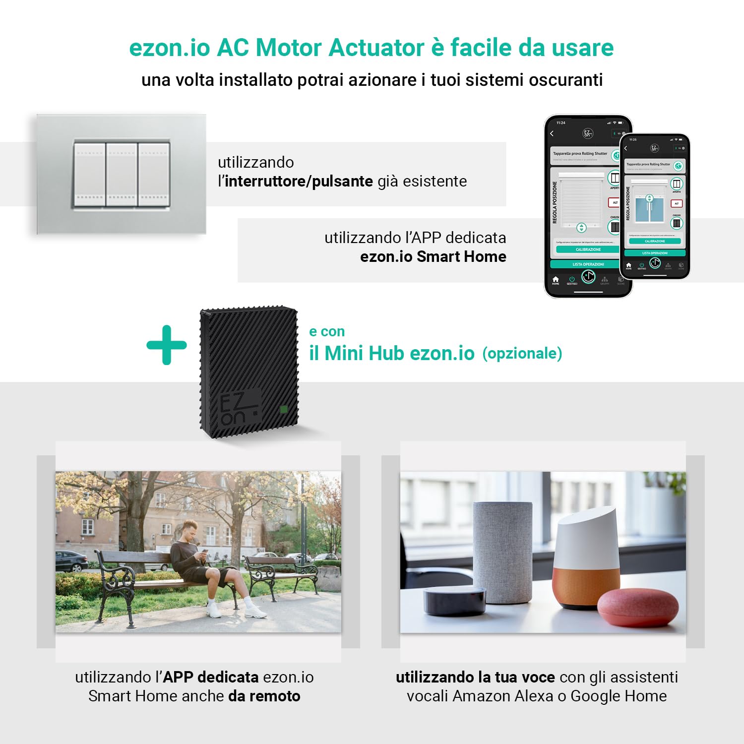 Kit completo Comando 1 Tapparella - Modulo di comando Smart per Tapparelle Elettriche, Sistemi di Oscuramento e tende, Controllo remoto con App ezon.io, Vocale con Alexa e Google Home
