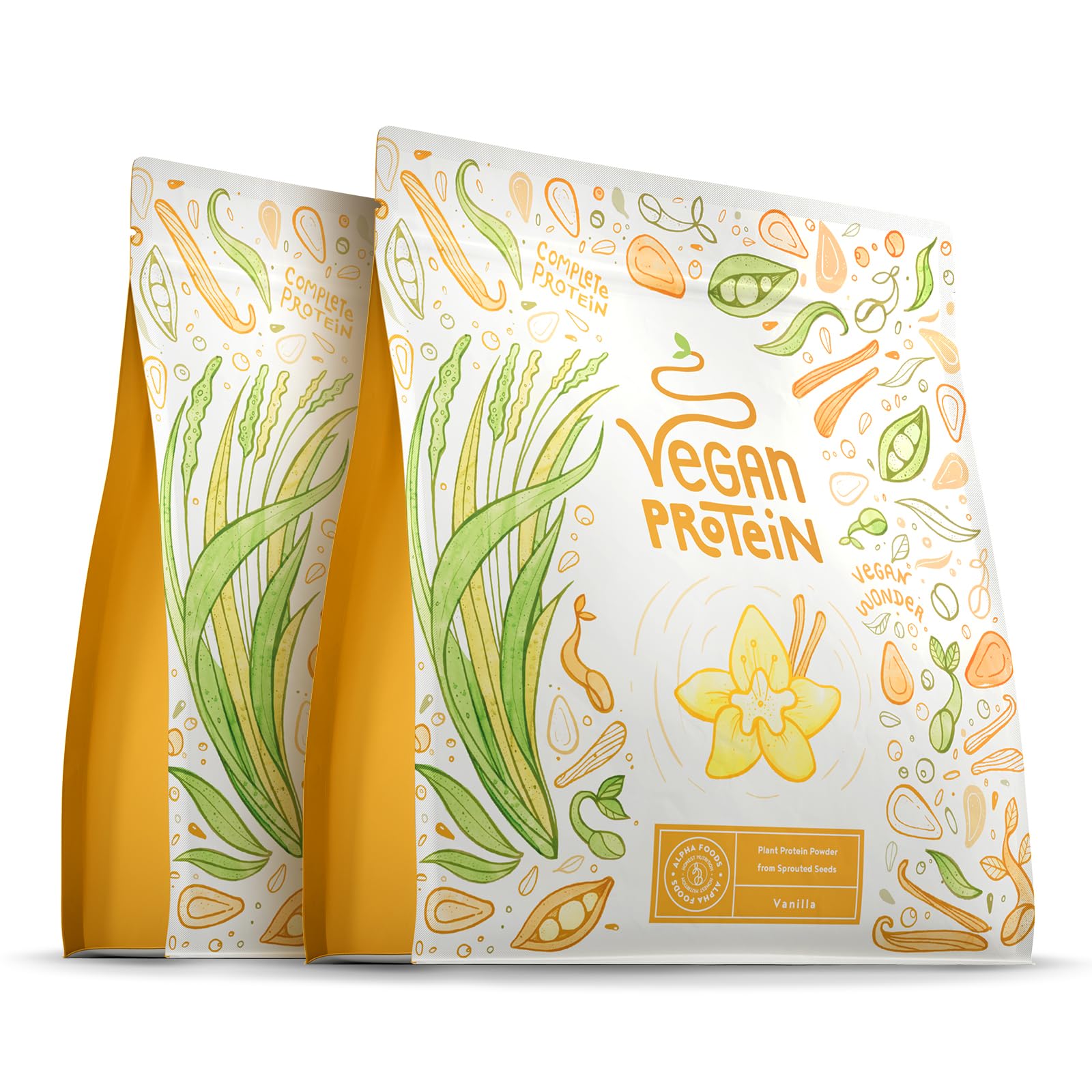 Alpha Foods Vegan Protein Pulver, 1200g, 22g Proteingehalt pro Portion, Vanille Geschmack, 40 Shake Portionen, pflanzliches Proteinpulver, optimales Aminosäurenprofil