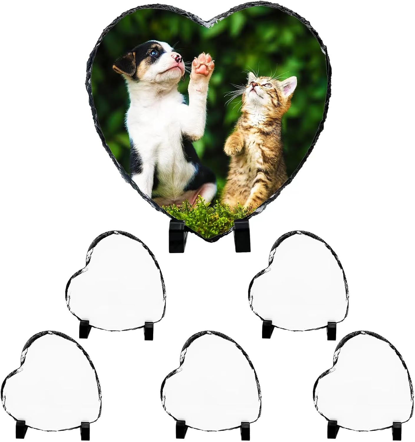 Beclumas 6 Pack 5.7" X5.7" Sublimation Slate Blanks,Heart Heat Thermal Transfer Stone Slate Picture Frame Plaque with Display Stand for Desktop Souvenir DIY Personalized Custom Gift Design