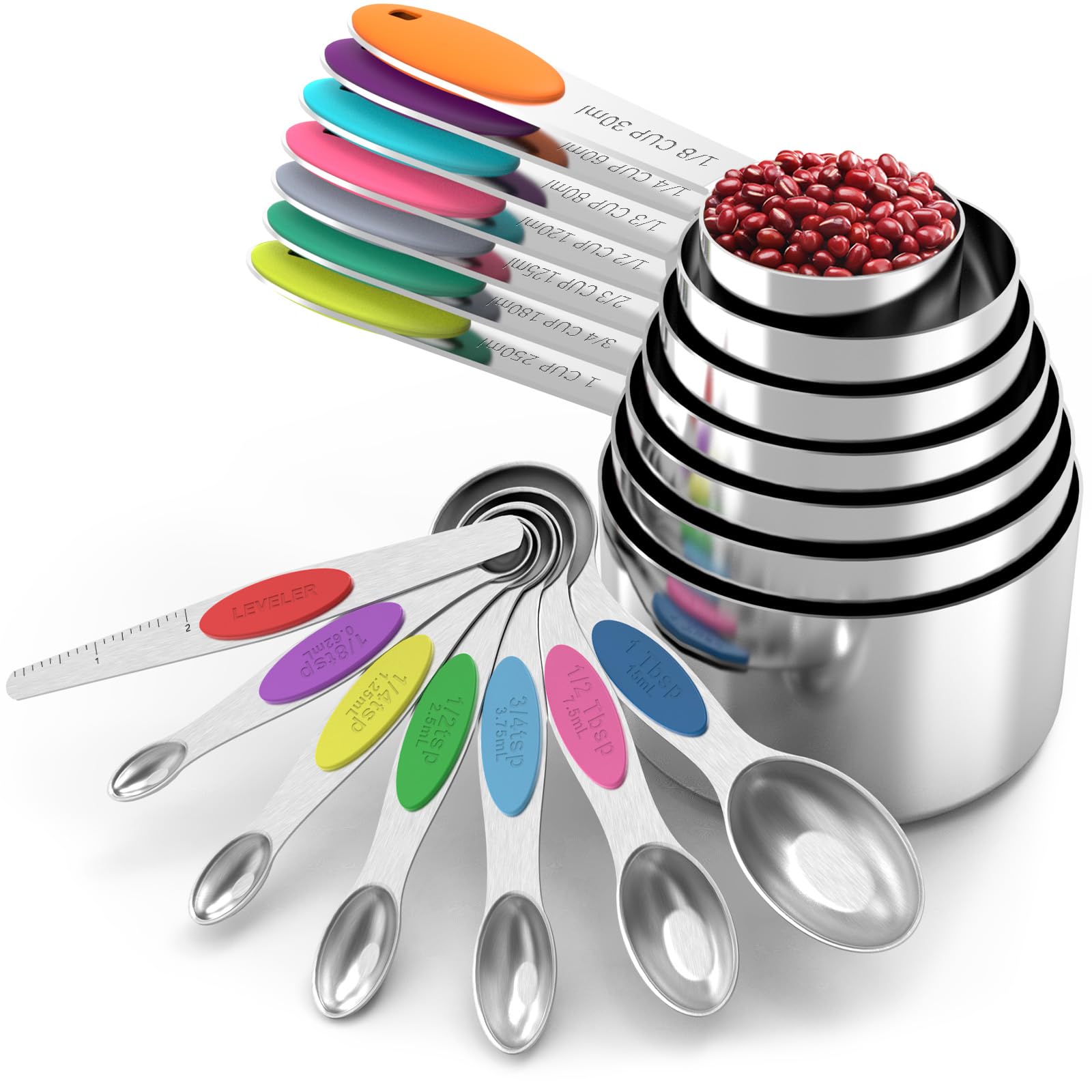 TILUCK Messbecher und magnetische Messlöffel-Set, Edelstahl-Messbecher, 6 doppelseitige Edelstahl-Messlöffel und 1 Nivellierer (7+7)