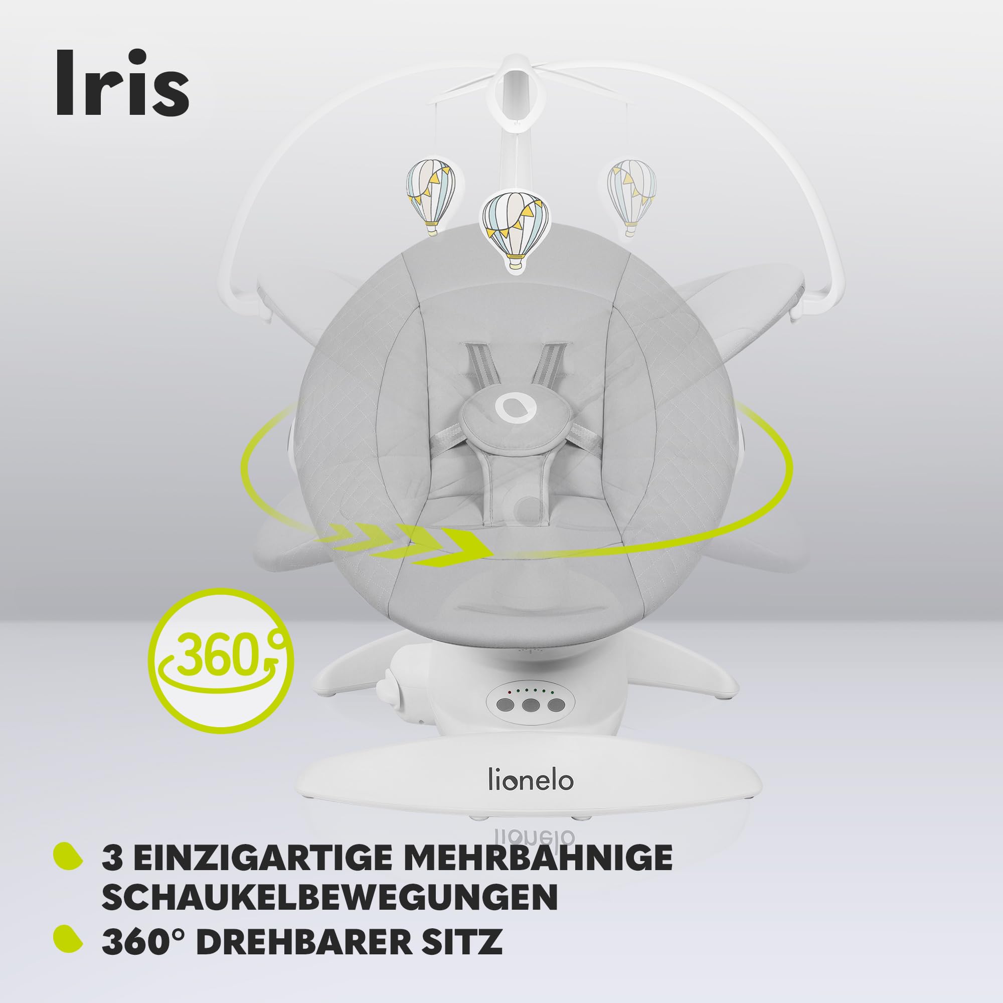 LIONELO Iris Elektrisch Babywippe 360o drehbar für Babys bis zu 9 kg | Verstellbare Rückenlehne, 5 Wiegegeschwindigkeiten Rutschfester Sicherheitsgurt, 12 Melodien Bügel mit Spielzeug Babypflege