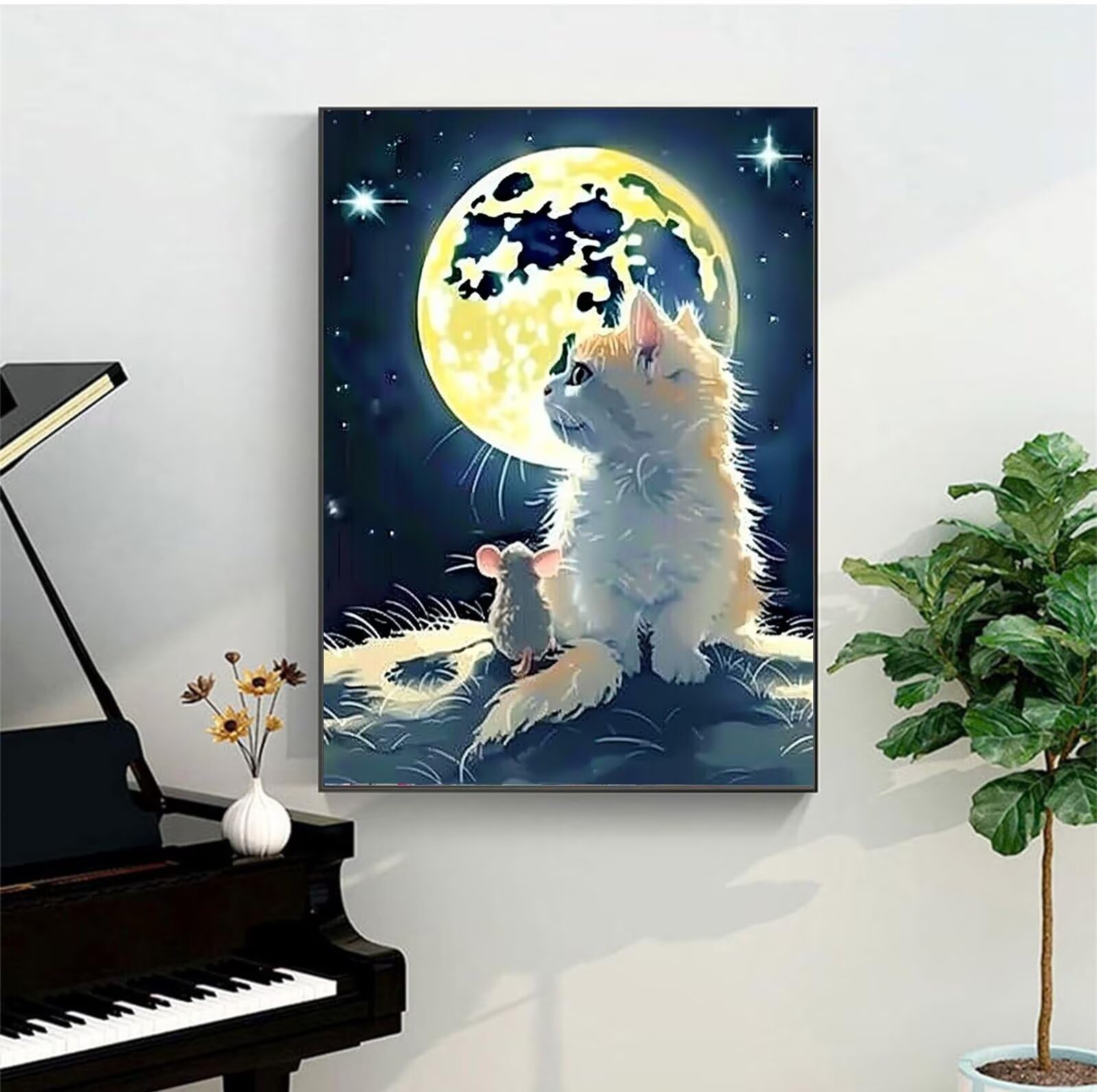 Peepezo Pintar por Numeros Adultos Niños, Gato DIY Pintura por Numeros Cuadros para Pintar por Numeros Luna 60x80cm Con Marco
