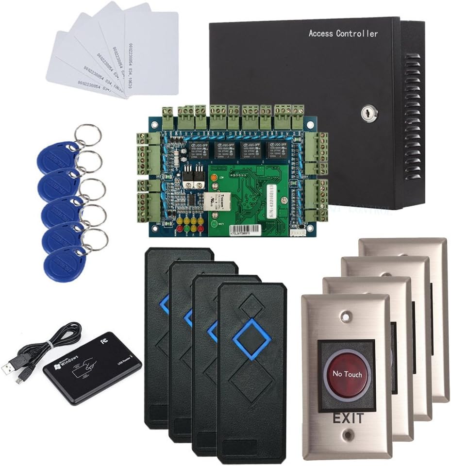 4 Doors IP Based Security Access Control Kit with Metal Case 110V Power Box RFID Reader+Infrared Exit Button+Desktop Enroll Reader+RFID Keychains/Cards APP remotely Open Door
