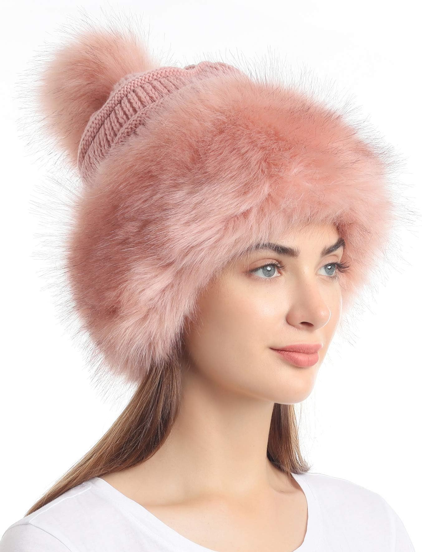 Soul Young Women's Faux Fur Hat Black Russian Cossack Knit Pompom Ski Snow Cap for Winter White