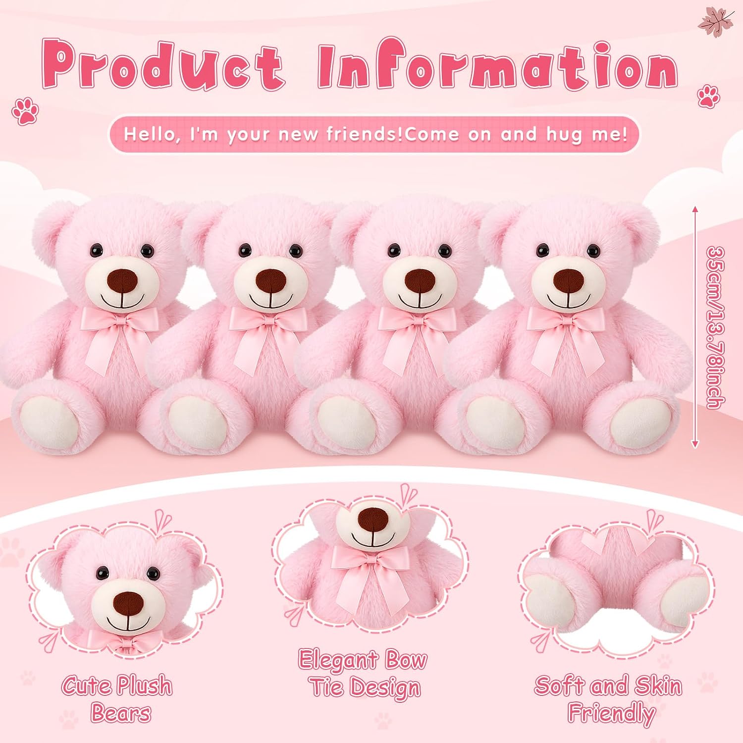 Civaner 4 Pack 14 Inches Teddy Bears Plush Stuffed Animals Cute Soft Bears Gifts Bulk for Women BFF Girlfriend(Pink)