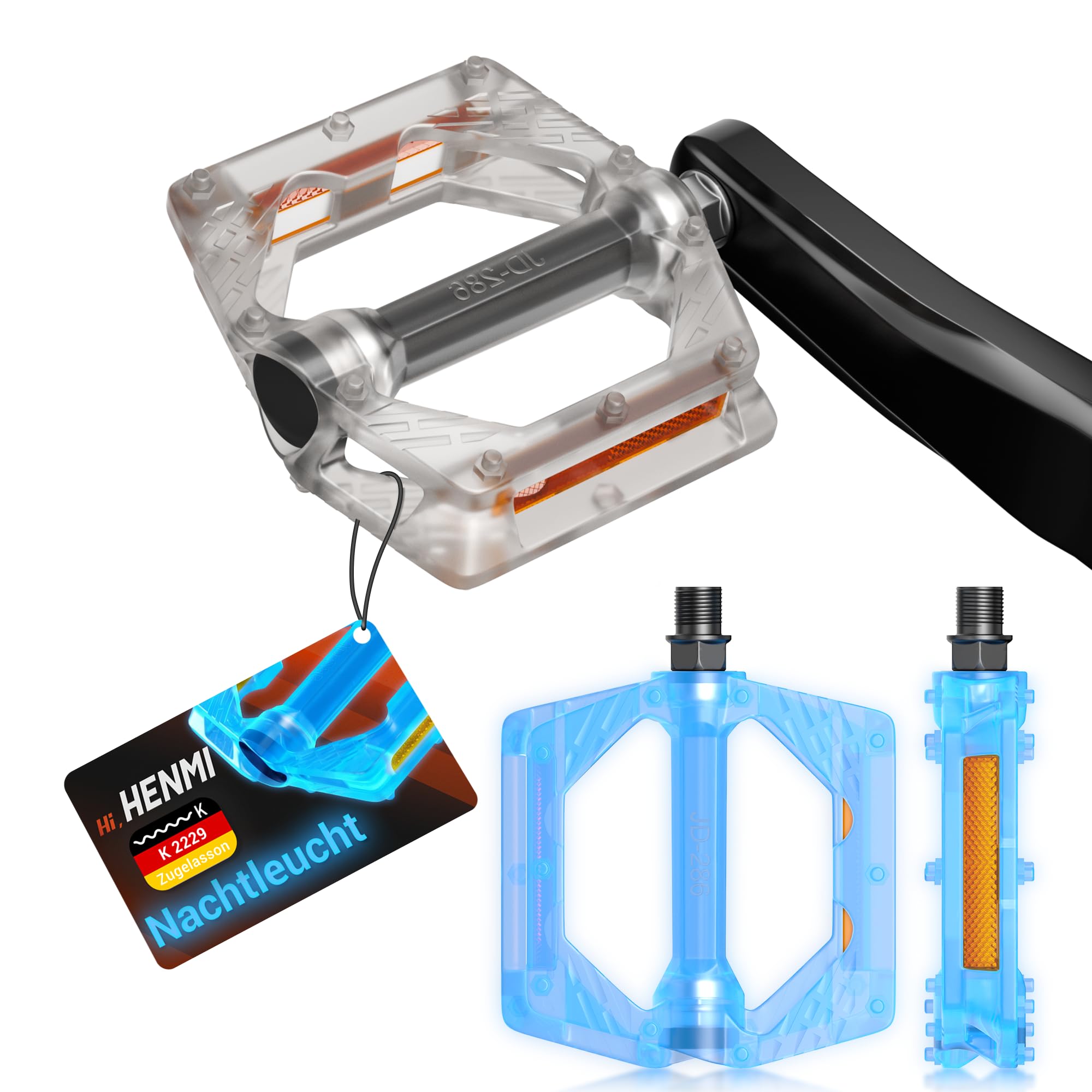 HENMI Fahrradpedale rutschfest, 9/16 Zoll | PVC Pedale, StVZO Zugelassen Reflektoren, Abgedichteten Lagern für MTB, Rennrad, E-Bike, Trekkingrad