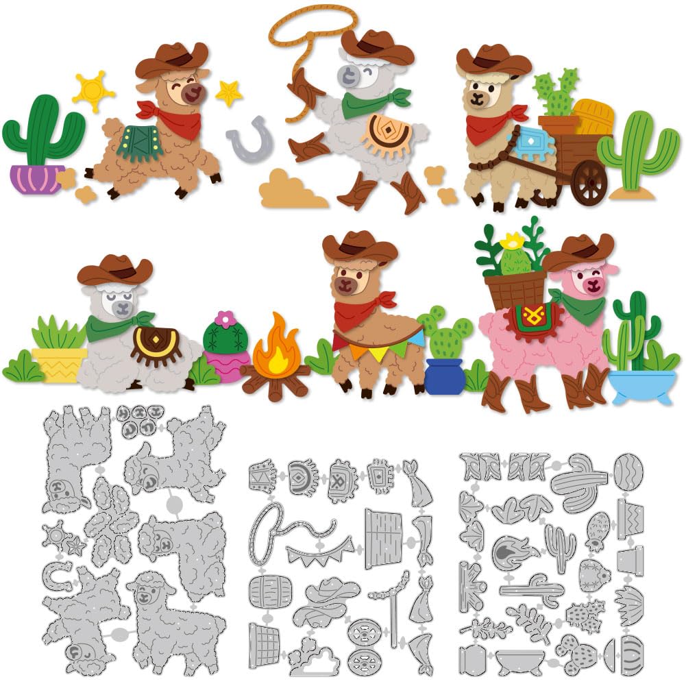 DELORIGIN Western Alpacas Metal Cutting Dies DIY Craft Dies Cacti Cowboy Die Cuts Carbon Steel Stencils Scrapbooking Embossing Template Die for Card Making Handmade Gift Greeting Cards
