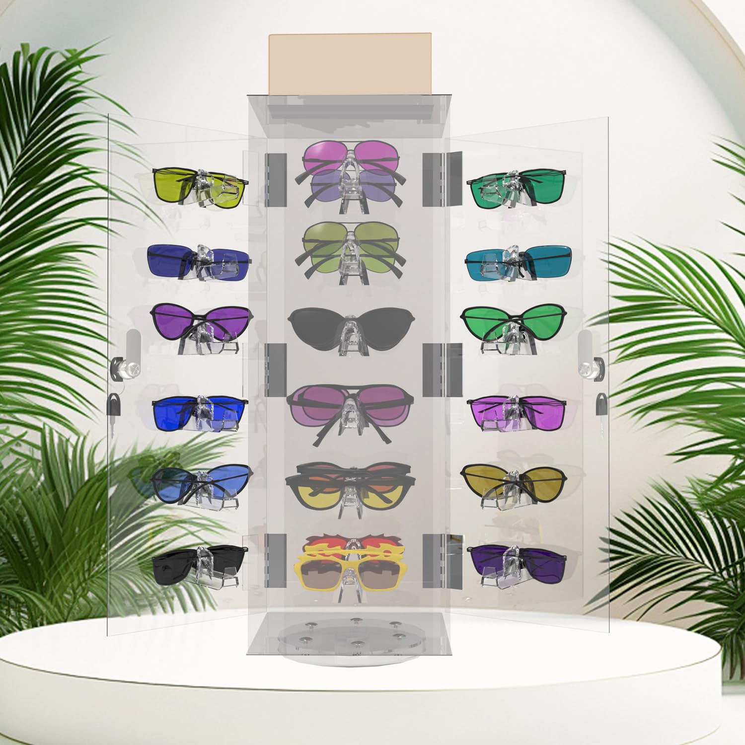 Lockable Sunglasses Organizer, Acrylic Sunglass Display Stand With Mirror, Rotating Sunglass Display Case, Glasses Holder Eyeglass Storage, Sunglasses Tower for 24 Pairs of Glasses