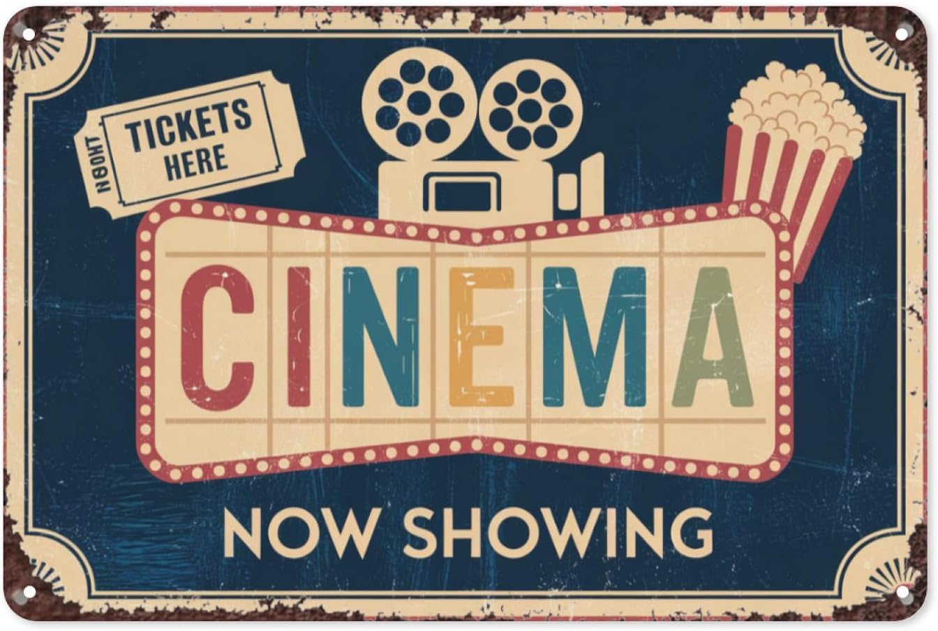 SMAZDFXX Cinema Projector Retro Tin Sign, Vintage Metal Decor for Movie Room, Man Cave, Home Theater, Classic Film Theme Art Poster for Movie Lovers 8"x12"